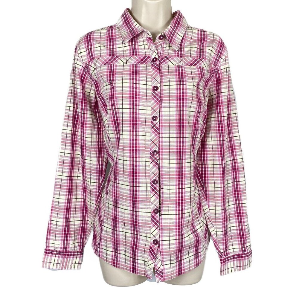 Womens Columbia Sportswear Sz L Pink & White Plaid Vented Long Slv Button Up